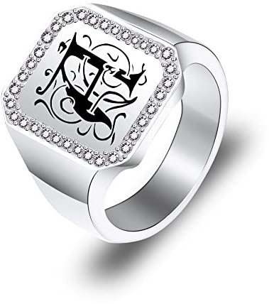 MeMeDIY Herren Siegelring Edelstahl, Personalisierter Foto Initiale, Punk Biker Ringe in Silber Ton, Hip-Hop Schmuck mit Zirkonia, Männer Geschenke zum Geburtstag Valentinstag (Initialen, Größe 57)