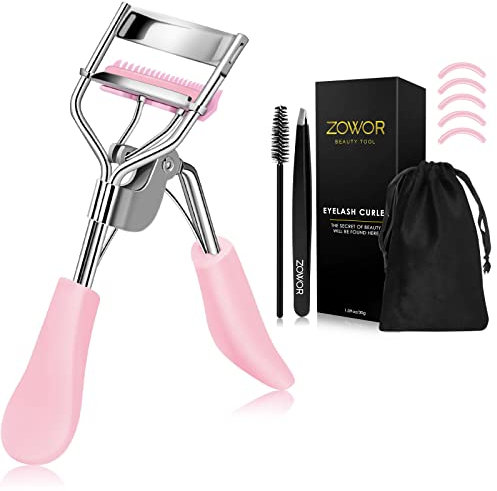 Zowor Wimpernzange mit Kamm, passend für alle Augenformen, gebogene Wimpernzange, natürliche und langlebige Wimpernzange für Frauen, Make-up-Geschenk (rosa)