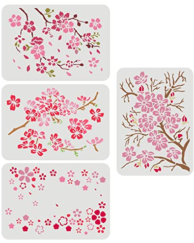 FINGERINSPIRE 4 Pcs Fleurs de Cerisier Pochoirs 29.7x21cm Branche de Fleurs de Cerisier Pochoirs en Plastique Fleur Motif Pochoirs Ensembles DIY Décor à la Maison Pochoir pour Peinture