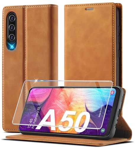 Handyhülle für Samsung Galaxy A50 Hülle Leder [Mit A50 Schutzfolie] für Samsung Galaxy A30s Hülle Klappbar Leder Flip Wallet Stoßfeste Case Schutzhülle Klapphülle für Samsung Galaxy A50/ A30s/ A50s