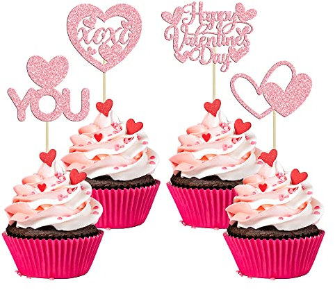 24Pcs Happy Valentine's Day Cupcake Toppers Glitter Love Heart I Love You XOXO Cupcake Picks Decorations for Wedding Proposal Engagement Bridal Shower Theme Party Cake Decoration Pink