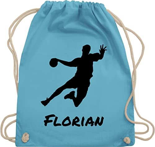 Turnbeutel Rucksack - Geschenke Handball Zubehör - Handballer Silhouette mit Name - Unisize - Hellblau - für tasche personalisiertes beutel turnsack stoffbeutel sportbeutel turnsackerl