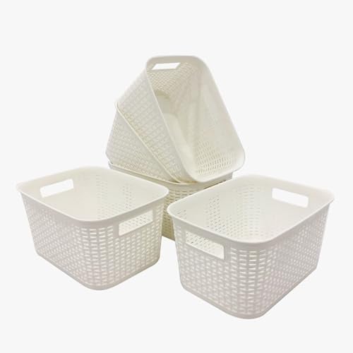 ABBAware Pack of 5 Strong Storage Baskets with Handle – Kitchen Organiser, Cupboard Storage Box, Home & Kitchen Storage Basket (White)