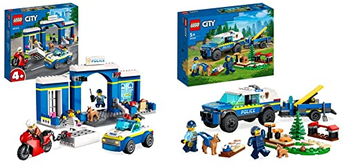 LEGO 60370 City Ausbruch aus der Polizeistation Spielset, Polizeiauto Spielzeug und Motorrad für Kinder ab 4 Jahre & 60369 City Mobiles Polizeihunde-Training