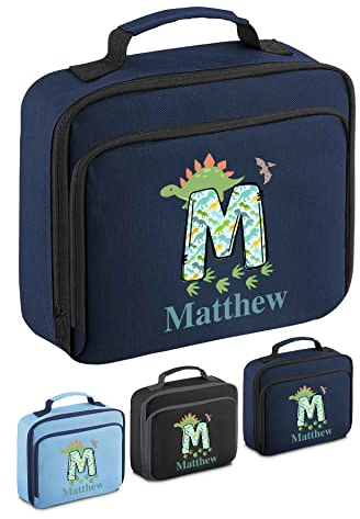 Personalised Lunch Bag Childrens Toddler Personalised Lunch Boxes for Kids Boys Pack Lunch Bag Insulated School Name Dinosaur Lunchbag (Navy)