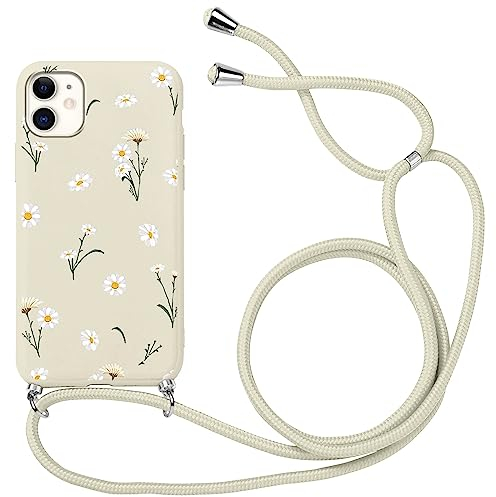 Yoedge Handykette Handyhülle für iPhone 11 6,1 Hülle mit Band zum Umhängen Einstellbar Kordel Aesthetic Case mit Blumen Muster, Weich TPU Silikon Stoßfest Schutzhülle Cover, Weiß