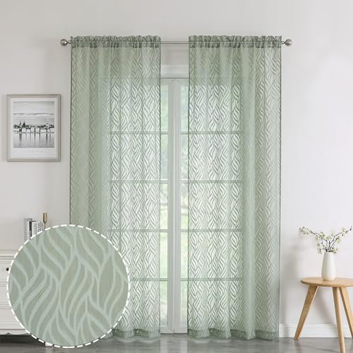Chyhomenyc - Marilyn – Lot de 2 voilages doux, aérés filtrant la lumière, en jacquard texturé, pour fenêtre ou porte-fenêtre de chambre, salon, 96,5 x 182,9 cm (l x L), motif feuillage 3D, vert sauge