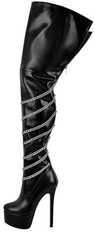 blingqueen Stivali da donna con plateau sopra il ginocchio a spillo con catene, Poliuretano nero., 38 EU