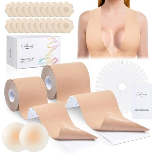 Creamify 2pcs Soutien-Gorge Adhésif - Ruban Adhésif pour Le Soulèvement des Seins, Remonte-Sein Adhésif, 10 Paires de Cache-Tétons, 1 Paire de Cache-Tétons en Silicone, Adapté aux Bonnets A-G