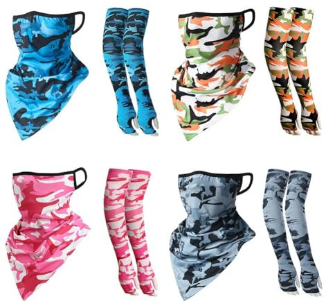 4 Paare Kühlung UV-Schutz Ärmlinge und Gesichtsmaske mit Ohrschlaufen Bandanas Halstuch,Anti-UV-Sonnenschutz Arm Sleeves Tattoo Cover Motorrad Schal für Frauen Männer Radsport Laufen Wandern
