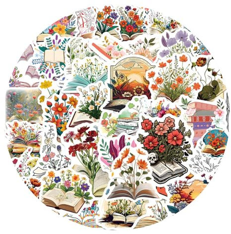 50Stück Buch Blumen Aufkleber für Gitarre,Fahrrad,Gepäck,Kühlschrank, Laptop, Fahrrad,Stoßstange,Auto,Motorrad,Wasserdichte Vinyl lesen Stickers,Geschenk für Erwachsene Mädchen,Ästhetische Aufkleber