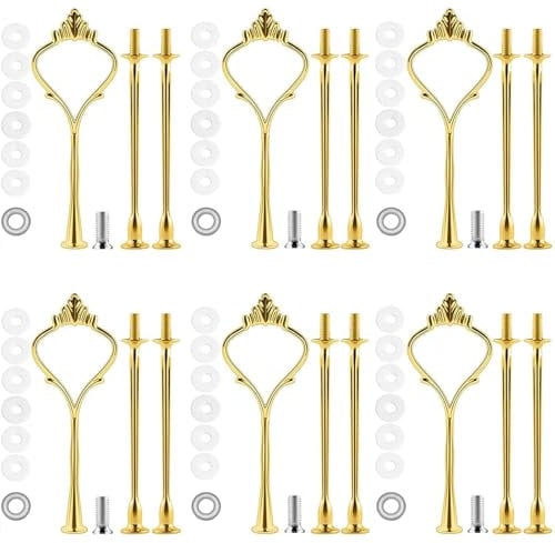 BetterJonny Set di 6 supporti a 3 ripiani per torte, supporto per torte, accessori per maniglie per matrimoni e feste, supporto per piatti da dessert (oro)