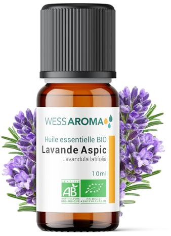 Wess Olio essenziale di lavanda biologica, aspic, 10 ml, certificato AB, 100% puro e naturale, chemotipo HEBBD, pratica agricola sostenibile analizzata e confezionata in Francia
