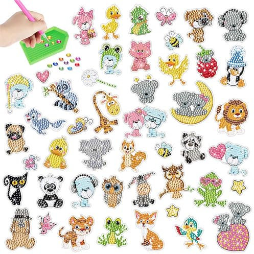 XoeLLe 47 Piezas Diamond Painting Kit Pegatinas Infantiles, Pintura Diamante DIY Pegatinas, Pintar con Diamantes, Pegatinas Niños Arte Mosaico Pegatinas, Dibujos con Diamantes para Niñas y Niños
