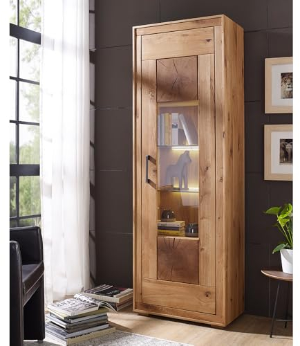 Lomadox Wohnzimmer Esszimmer Vitrinenschrank Vitrine, Wildeiche massiv geölt, montiert