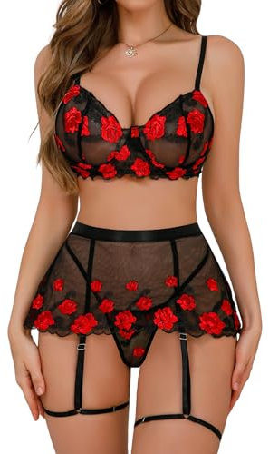 EVELIFE Women Sexy Lingerie Set with Garter Floral Lace Bra and Panty Transparente Lingerie(Red Rose L)