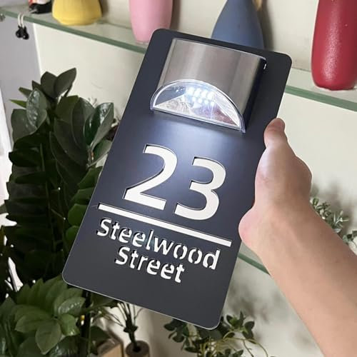 Hausnummernschild für den Außenbereich, 3D-Acryl, Laserschnitt, Straße, Familienname, Tür, Solarschild (18 x 32 cm, Grauweiß)