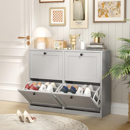 VOWNER Schuhschrank mit 4 Klappen, Schuhschrank Schmal Schuhregal, mit 8 Fächern, Schuhablage Verstellbar, 105 x 24 x 80 cm, Anti-Kipp-Vorrichtung für Eingangsbereich, Flur, (Grau)