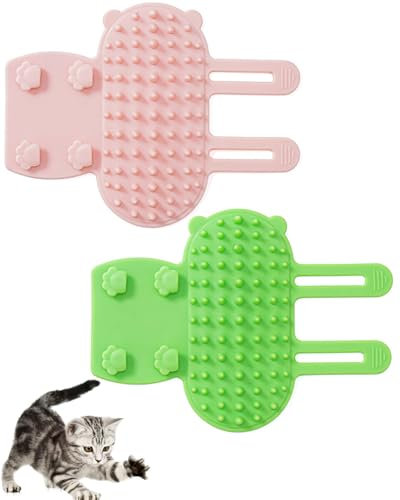 LOZTBUE Paquete de 2 cepillos autolimpiantes para gatos, cepillo de masaje de pelo de gato de silicona, poste rascador ajustable para gatos con patas trepadoras, guantes para rascar perros