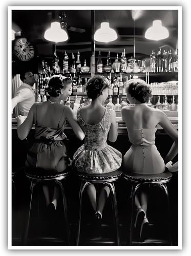 Vintage-Poster in Schwarz und Weiß, trendig, für Frauen, Cocktail, Wandkunst, flippig, mädchenhaft, Raumdekoration, Retro-Alkohol, Leinwanddrucke, drei Freunde, Bilder für Bar, Wagen, Wohnheim,