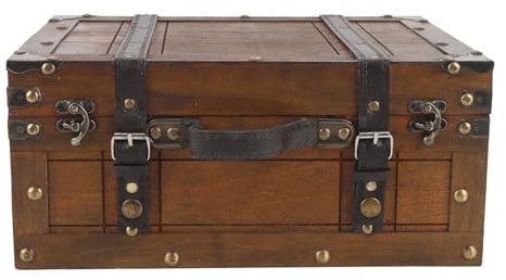 Pirate Treasure Chest Storage Box, 11-13in Vintage Wooden Treasure Chest with Hinged Lid, Handmade Lockable Chest for Keepsakes Decorative Photo Prop (Large)