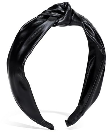 Ptwola Bandeau pour femme en cuir noir avec nœud supérieur, antidérapant, large bandeau de yoga, tendance, bandeau élastique pour cheveux pour filles