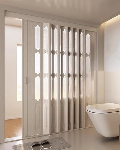 Concertina Door Pleated Folding Door White PVC & Acrylic Internal Concertina Accordion Doors Oak Effect, White Thermal Insulated Retractable Screen Gate, Easy to Install(184cmx203cm/72.4inx79.9in)