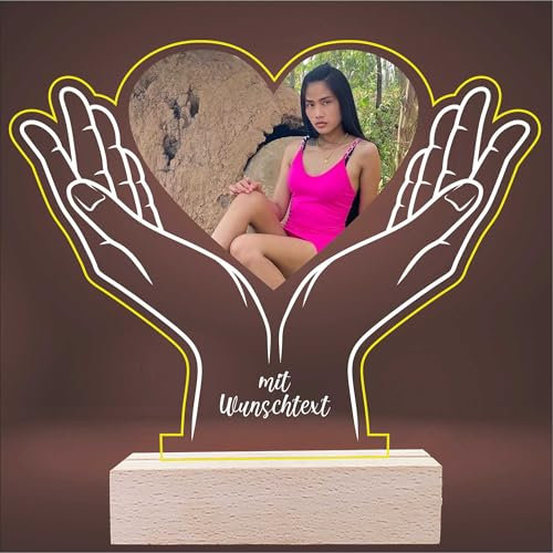 INDIGOS UG - LED Lampe personalisiert - Hände - mit Foto & Wunschtext - individuell selbst gestalten - Geschenk - Valentinstag - Acrylglas 14x14 cm - optionale Lampe warmweiss