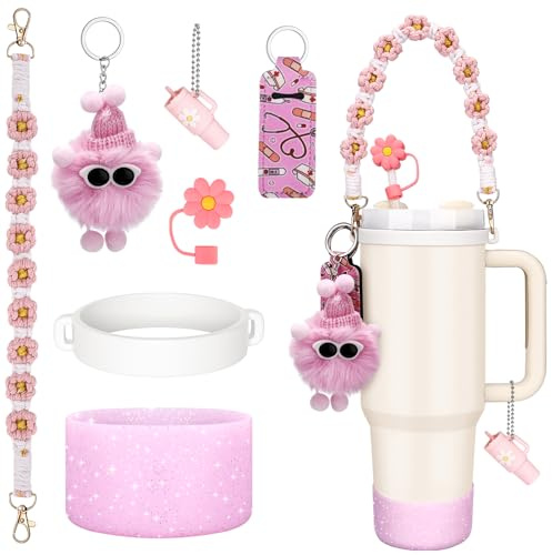 Estefanlo 7 Stück Stanley Cup Zubehör Set, Inklusive Wasserflasche Griff Riemen, Siliocne Becher Stiefel, Silikon Strohhalm Abdeckung, Stanley Cup Accessories für Stanley Cup 800ml -1100ml (Rosa)