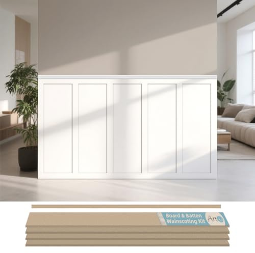 Art3d Premade Board and Batten Paintable Wainscoting Kit, MDF Accent Wall Panel for Kitchen Bedroom Living Room Home Decor Covers 94.5 x 54 in. Molding Trim Slat with Edge Strip