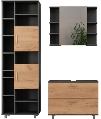 Vicco Badmöbel-Set Ilias, Goldkraft Eiche/Anthrazit 80.2 cm | besteht aus Waschbeckenunterschrank, Spiegelschrank und Hochschrank