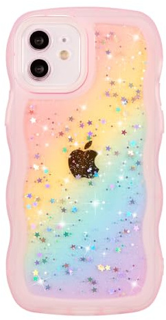 ZTOFERA Sparkly Glitter Case for iPhone 12 (6.1), Rainbow Pink | Curly Wave Frame Shape, Bling Sparkle Star, Clear Soft TPU Back Cover, Lightweight, Shockproof Protective Bumper Cover