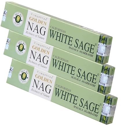 NKlaus 3X Golden Nag White Sage Räucherstäbchen 45g – Handgerolltes Räucherwerk mit klarem Salbeiduft – Masala Qualität für energetische Reinigung und Meditation