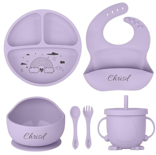 OXYEFEI Personalisierter Babyteller mit Saugnapf, Silikon Teller Baby mit Namen Beikost Baby Zubehör Personalisierte Geschenk Taufe Mädchen,Junge (Violett)