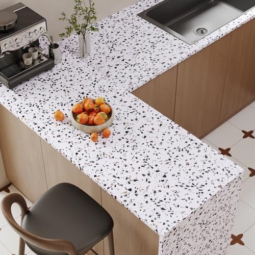 VaryPaper Matte White Blue Granite Self Adhesive Wallpaper 40cmx200cm Removable Terrazzo Contact Paper for Kitchen Worktop Sticky Back Plastic Bathroom Wallpaper Waterproof Window Sill Furniture Wrap