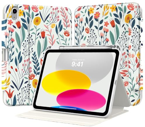 TiMOVO Funda para iPad (A16) 11ª Generación 11 Pulgadas 2025, iPad 10ª Generación 10,9 Pulgadas 2022 con Portalápiz, Funda Protectora Folio con Soporte, Visión Multiángulo, Flores