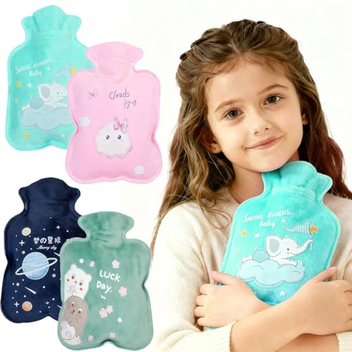 500ML Hot Water Bottle, Mini Hot Water Bag for Hot Compress, Cute Soft Fluffy Hot Bag for Pain Relief, Menstrual Cramps, Neck Shoulder, Hot Water Hand Warmer for Kids & Adults (4 Patterned Set)