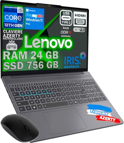 Lenovo IDEAPAD Ordinateur Intel i5-13420H 10 Coeurs 4.9Ghz, RAM 24Go DDR5, SSD 756Go, 15,6 FULLHD, WiFi6E, Empreinte Digitale, So français Pro, déjà configuré, Clavier rétroéclairé AZERTY, Mouse