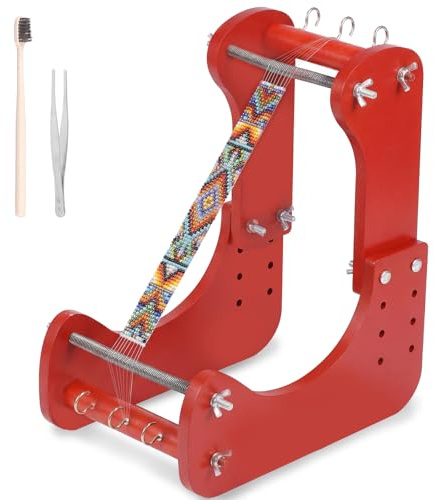Stehender Perlenwebrahmen,Verstellbares Perlenwebrahmen-Set aus Holz mit 4 Längenoptionen,Pinsel,Pinzette,Haken,Dichtung,Federn,Eisenstützen und Gebrauchsanweisung für Erwachsene zur Herstellung