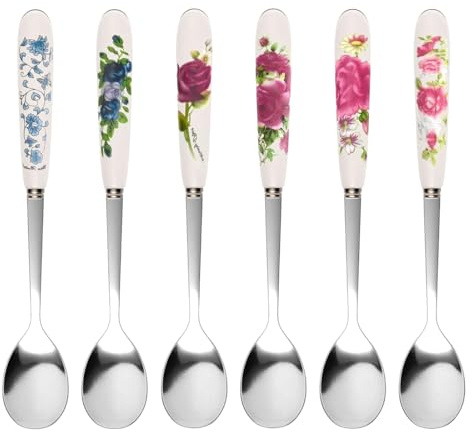 QEXUJOW Cucharas de postre,Juego de 6 cucharillas de acero inoxidable con mangos de cerámica y acabado pulido espejo, perfectas para remover café, helado y postres.