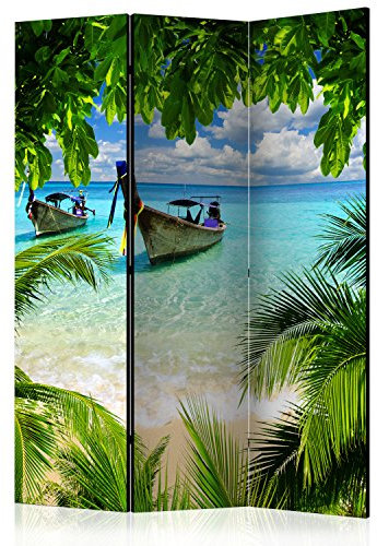 RAUMTEILER/PARAVENT B&D XXL Raumteiler Meer Boot Insel Foto Paravent 135x172 cm beidseitig auf Vlies-Leinwand Bedruckt Trennwand Spanische Wand Sichtschutz Raumtrenner Home Office blau c-C-0088-z-b