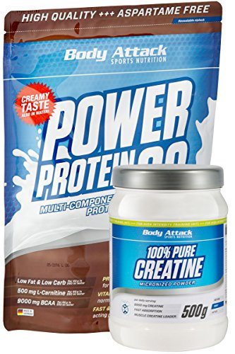 Body Attack Muskelaufbau Duo, Eiweiß plus Kreatin (1x Pure Creatine 500g, 1x Power Protein 90 500g) (Chocolate)