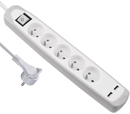 Electraline Gummy 35607 Bloc Multiprise 5 prises et 2 USB - couverture en silicone protection contre chocs - câble 2 mt - fiche plat