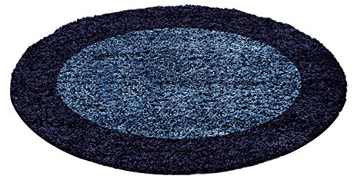Carpettex Hochflor Teppich Wohnzimmer Shaggy Flokati Teppich Modern Bordüre Design 200 cm Rund Marineblau - Teppich Schlafzimmer Weich Flauschig Waschbar Teppich Küche Esszimmer - Langflor Teppiche