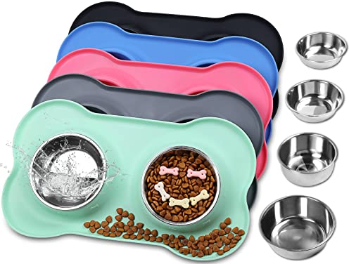 VIVAGLORY Dog Bowl Splashfree Pet Bowl, Dog Dish with Silicone Mat Placemat for Messy Eater, Double Stainless Steel Food Water Feeding Set Dishwasher Safe Spill Proof for Pet, S, Mint Green