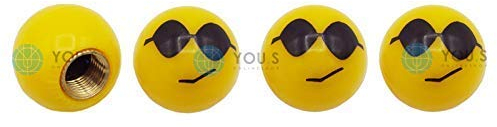 YOU.S Kunststoff Emotion Smileys 'Sonnenbrille' Ventilkappen Gelb mit Dichtung Ventil Kappen Abdeckung für Auto PKW LKW (4 Stück)