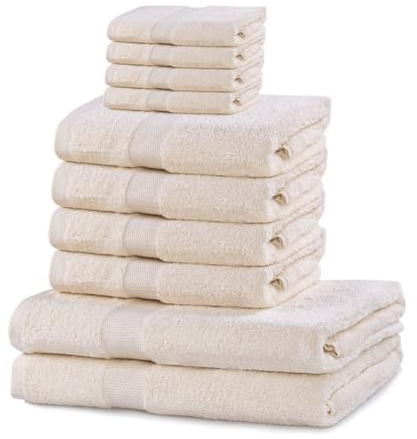 DecoKing 10er Set Baumwolle Qualität 525g/m² 4 Gästehandtücher 30x50 cm 4 Handtücher 50x100 cm und 2 Badetücher 70x140 cm Ecru Elfenbein saugfähig Marina