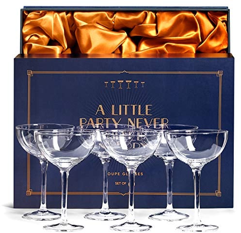 Vintage Crystal Champagne Coupe Glasses | Set of 6 | 4-5 oz Classic Cocktail Glassware - Martini, Manhattan, Cosmopolitan, Sidecar, Daiquiri | 1920s Speakeasy Retro Style Saucers | Storage Box