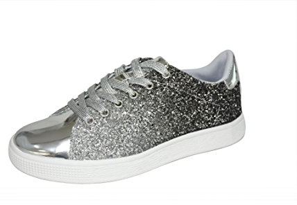 LUCKY STEP Damen Glitzer Sneaker | Schnüren Mode Schuhe | Glitzernde Bunt Turnschuhe für Damen (Silber, 6US-36EU-3UK)