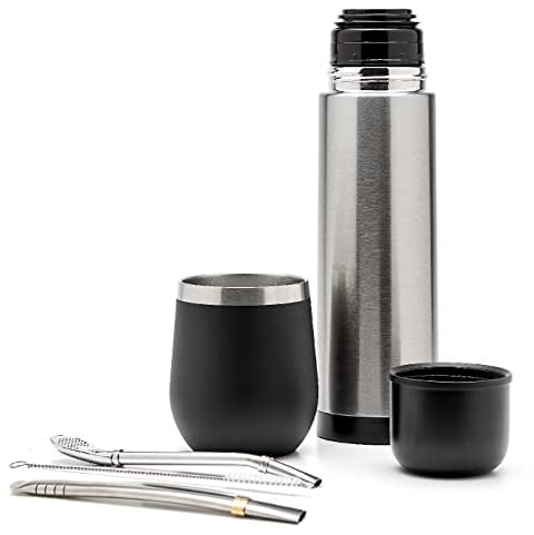 BALIBETOV Set Yerba Mate Completo - Calabaza Mate Moderna, Termo, Bombilla y Cepillo de Limpieza Incluido - Todo Acero Inoxidable 304 18/8 Interior y Exterior
